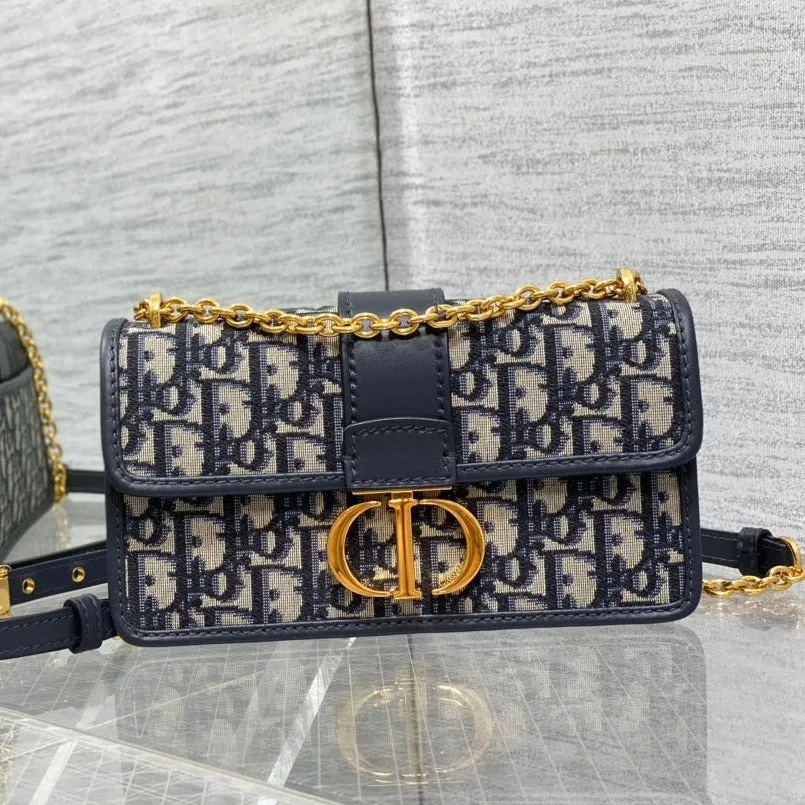 Dior Bags 30 Montaigne 21.5Cm Blue Oblique Embroidery - Certified Pre-Owned Luxury