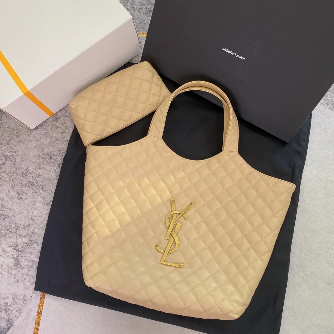 YSL Bags ICARE MAXI 58 SHOPPING BAG BEIGE QUILTED LAMBSKIN - Certified Pre-Owned Luxury
