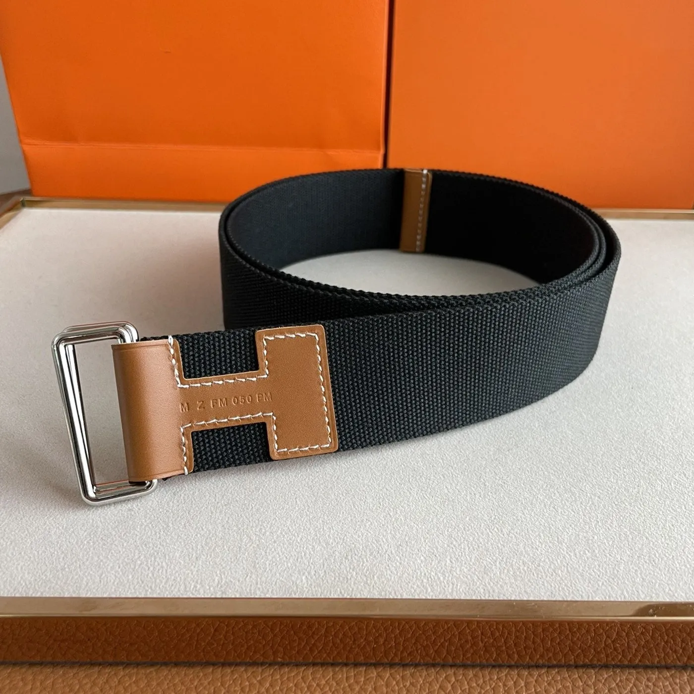 Hermes Belt 4.0CM BLACK TEXTILE  BROWN LEATHER H BELT - Certified Pre-Owned Luxury