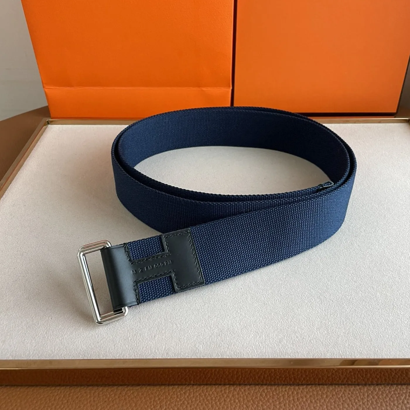 Hermes Belt 4.0CM BLUE TEXTILE  BLACK LEATHER H BELT - Certified Pre-Owned Luxury
