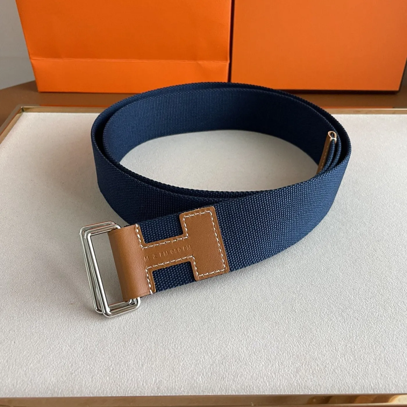 Hermes Belt 4.0CM BLUE TEXTILE  BROWN LEATHER H BELT - Certified Pre-Owned Luxury