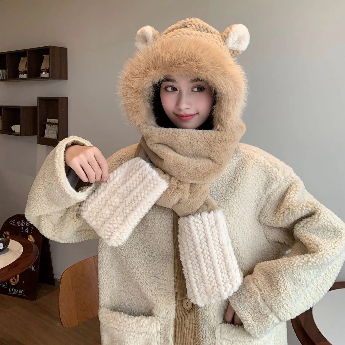 Balaclava Hat In Camel Beige Mix White Fleece 422215 view 3