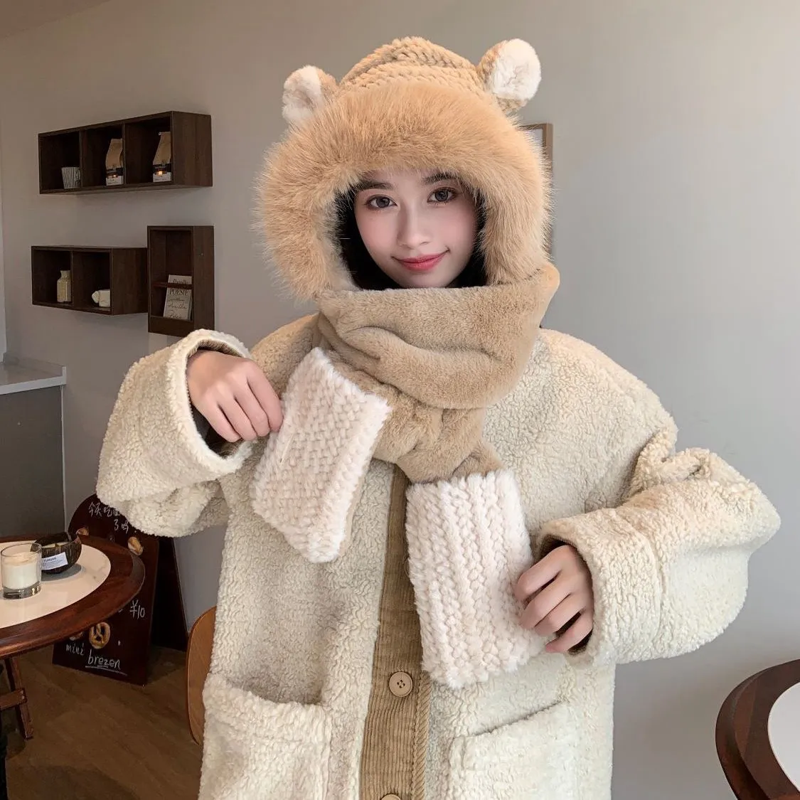 Balaclava Hat In Camel Beige Mix White Fleece 422215 view 8