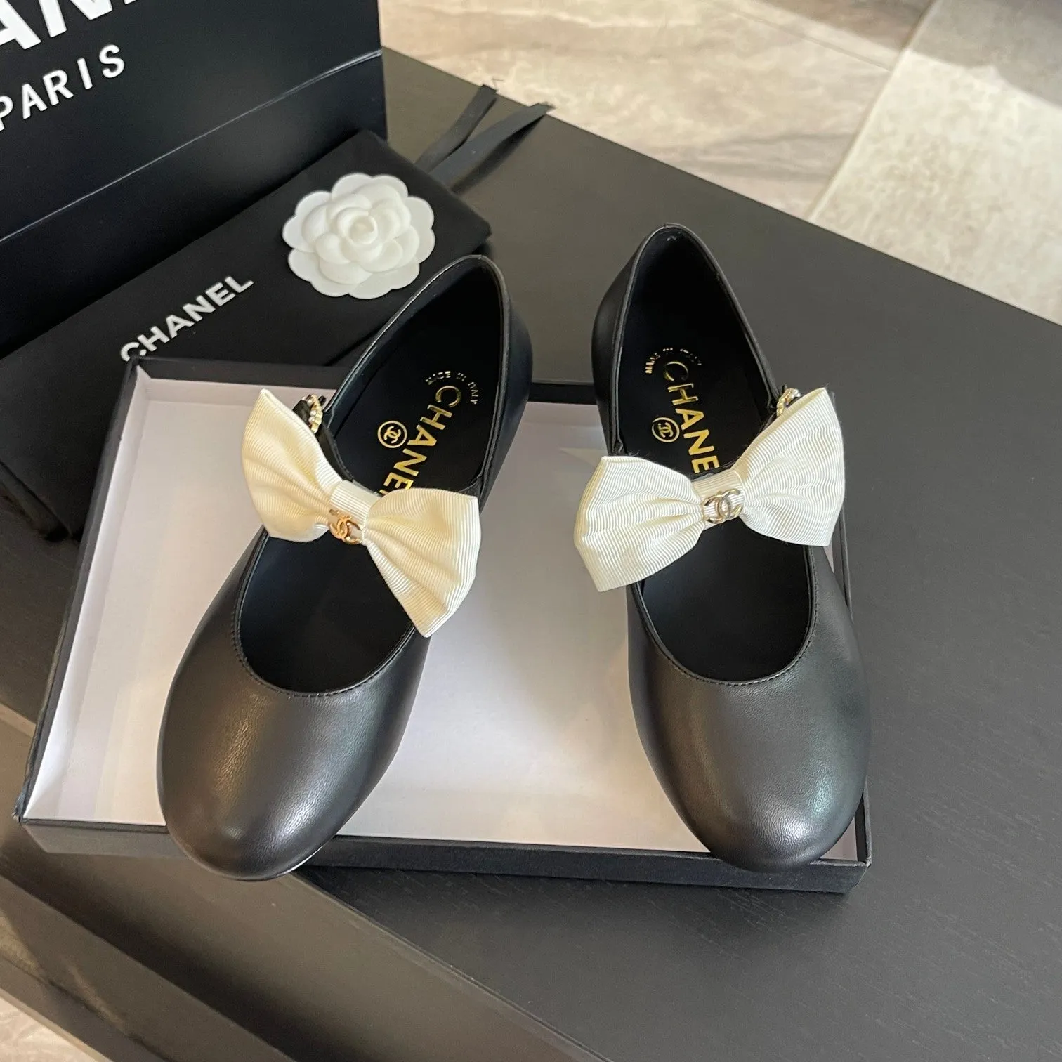 Chanel Shoes BALLET FLAT BLACK LAMBSKIN WITH WHITE BOW - Certified Pre-Owned Luxury