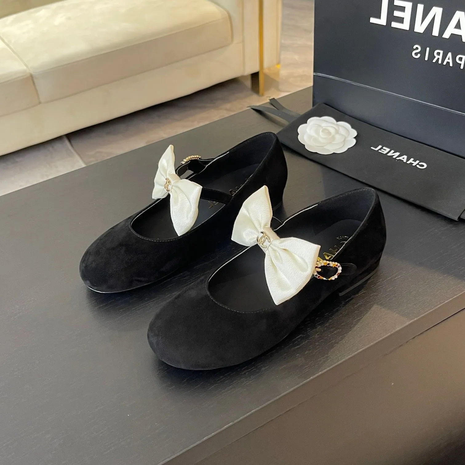 Chanel Shoes BALLET FLAT BLACK SUEDE LAMBSKIN WITH WHITE BOW - Certified Pre-Owned Luxury
