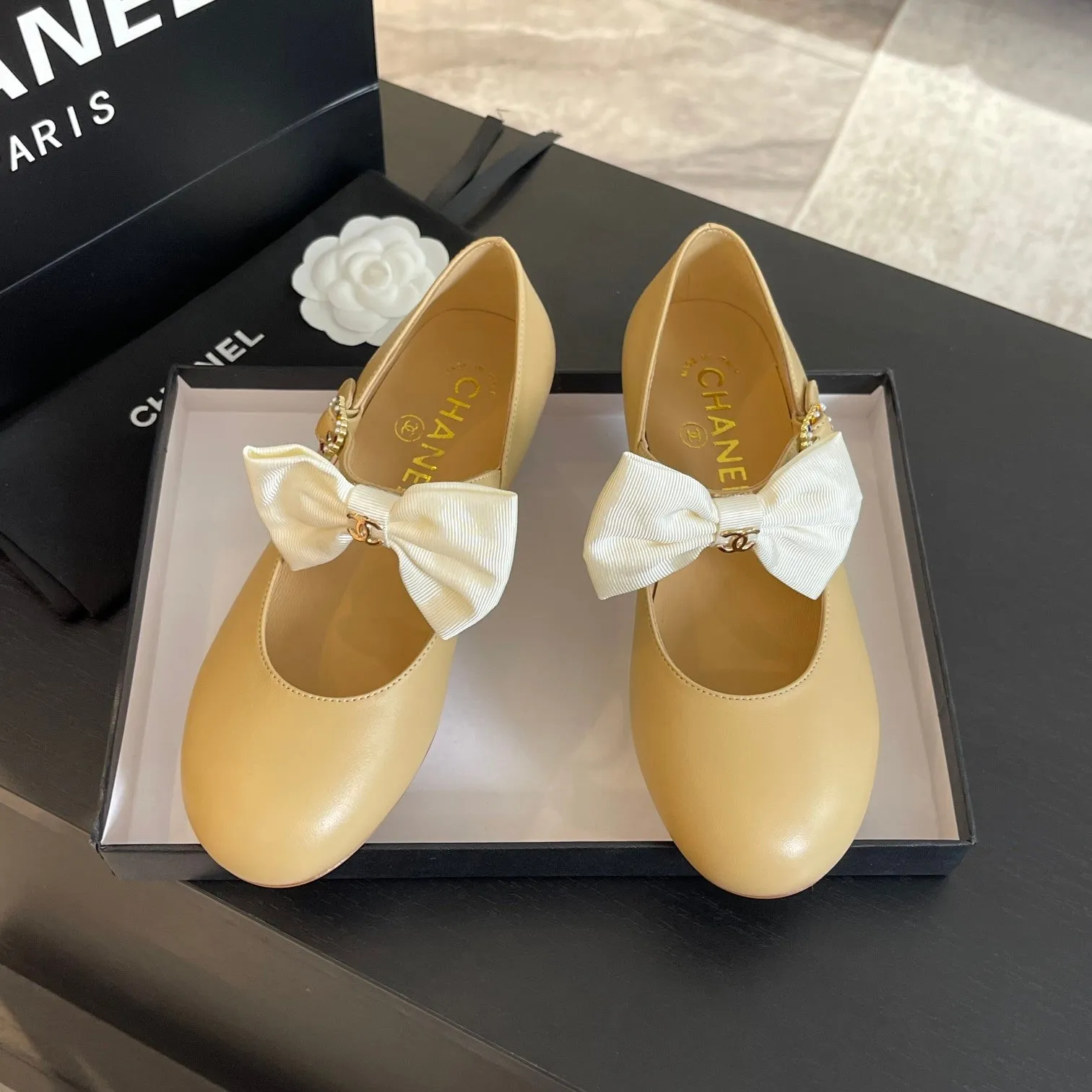 Chanel Shoes BALLET FLAT DARK CREAM LAMBSKIN WITH WHITE BOW - Certified Pre-Owned Luxury